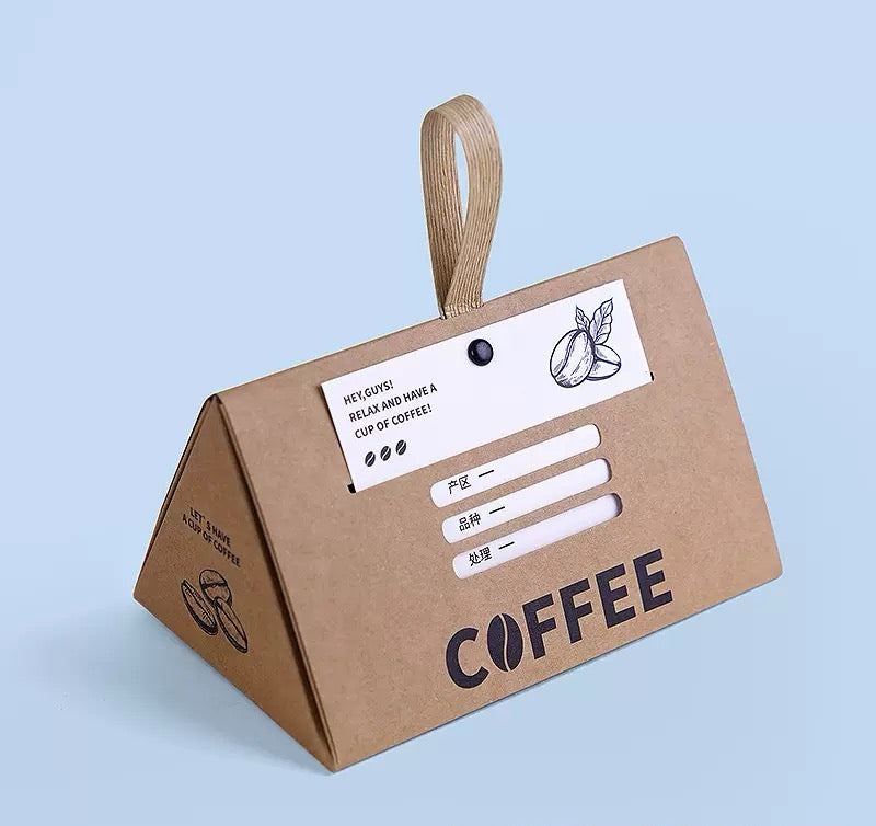 Custom Coffee Packaging Box with Insert Card | Kraft Paper Triangle Display Box for Branding