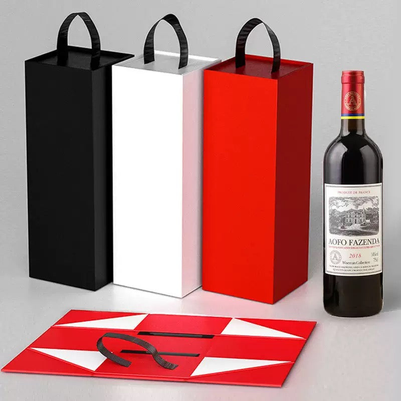 Foldable Wine Bottle Box with Handle Flat Pack Packaging Custom Logo Gift Box MOQ 300
