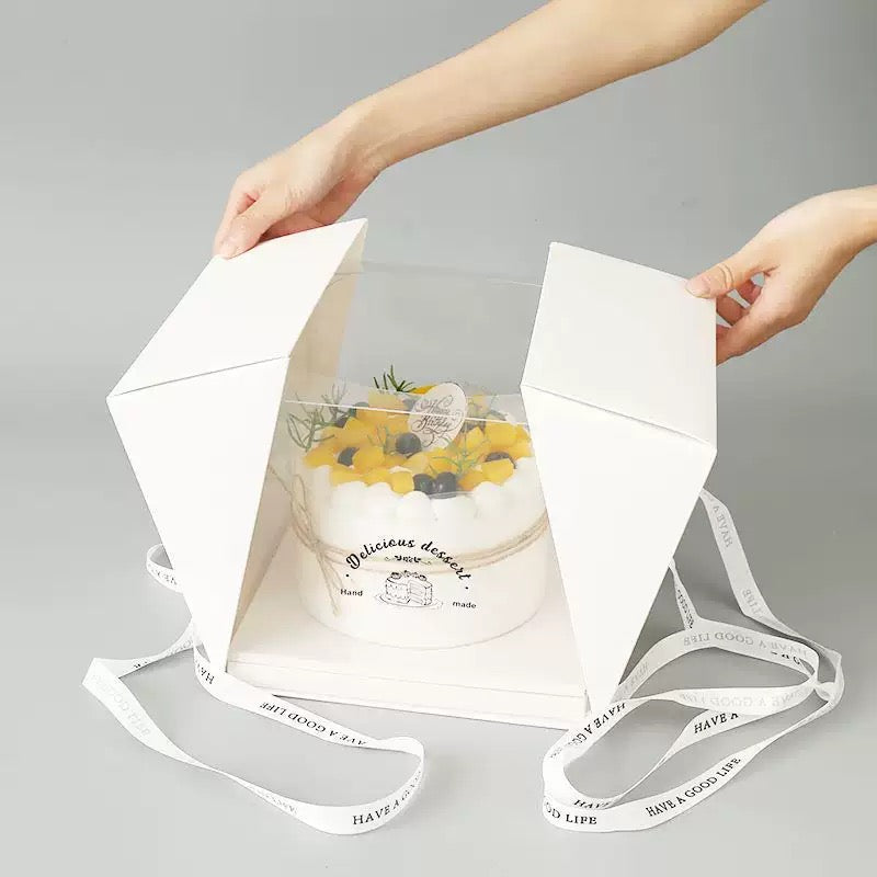 Double Door Cake Box Clear Window Bakery Packaging Box with Ribbon for 4 6 8 Inch Cakes