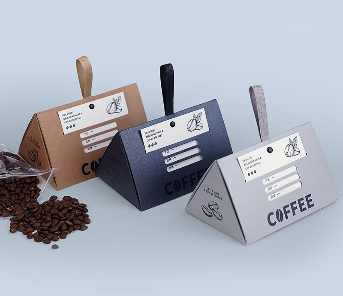 Custom Coffee Packaging Box with Insert Card | Kraft Paper Triangle Display Box for Branding