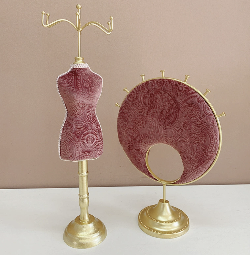 Dusty Pink Jewelry Display Organizer Set – Mannequin Stand, Ring Tray & Decorative Holders