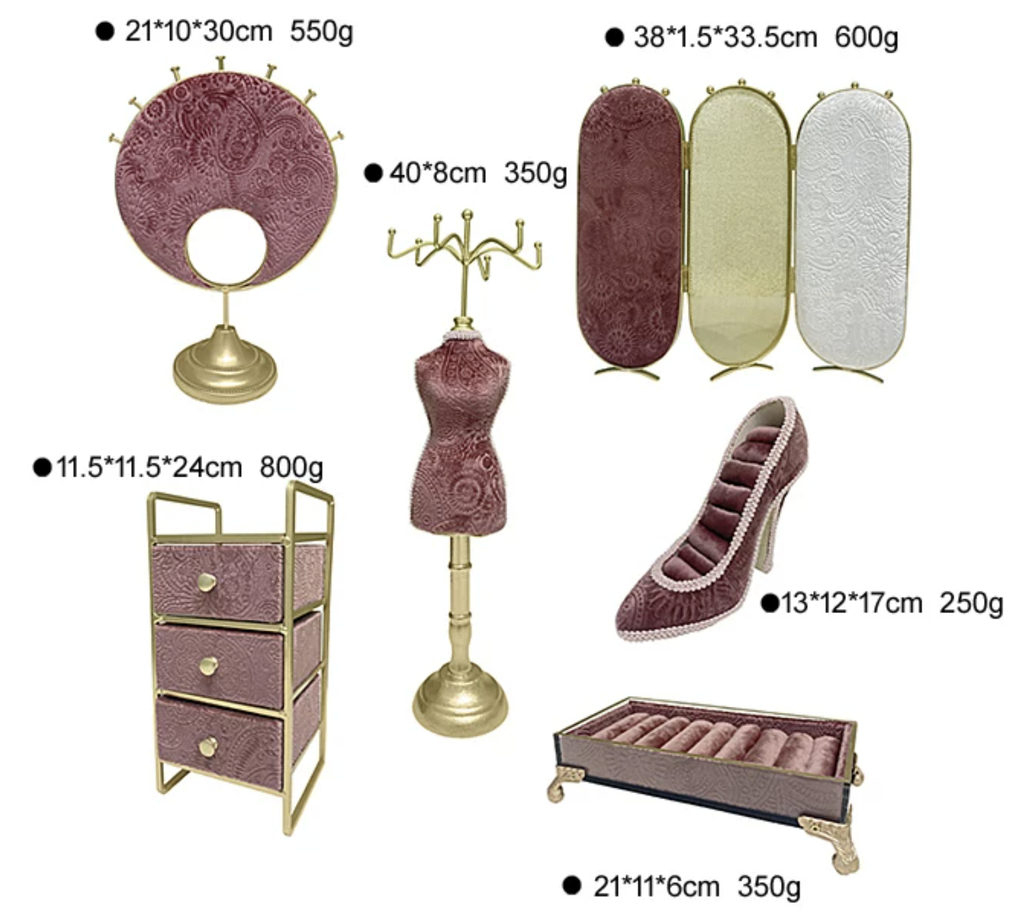 Dusty Pink Jewelry Display Organizer Set – Mannequin Stand, Ring Tray & Decorative Holders