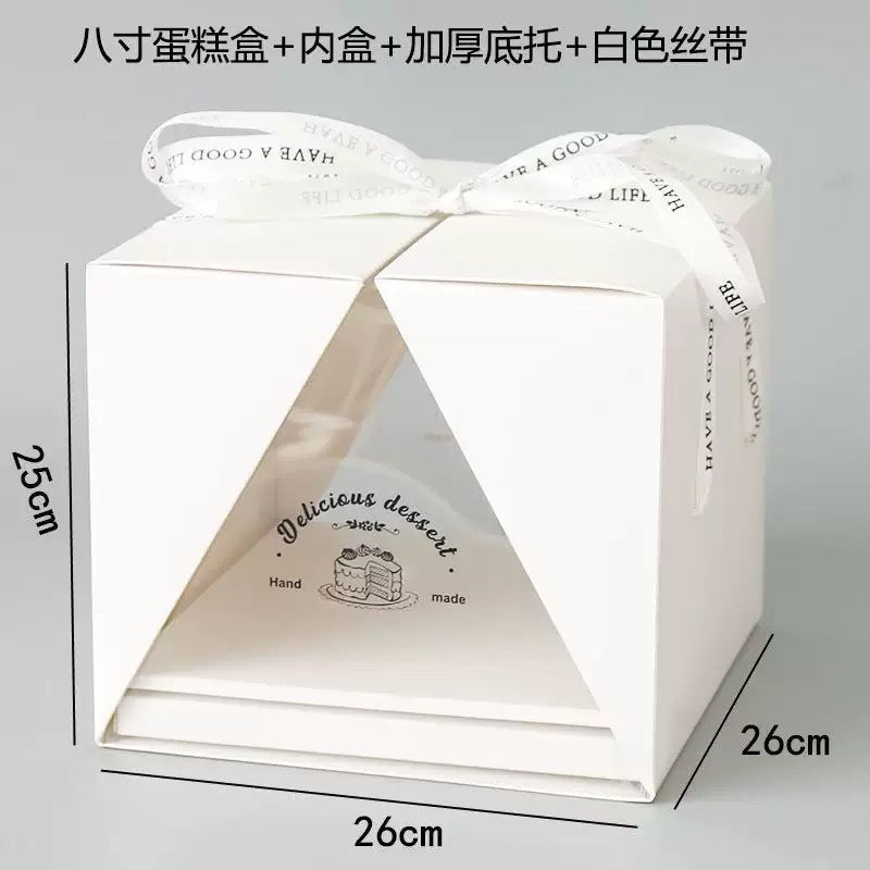 Double Door Cake Box Clear Window Bakery Packaging Box with Ribbon for 4 6 8 Inch Cakes