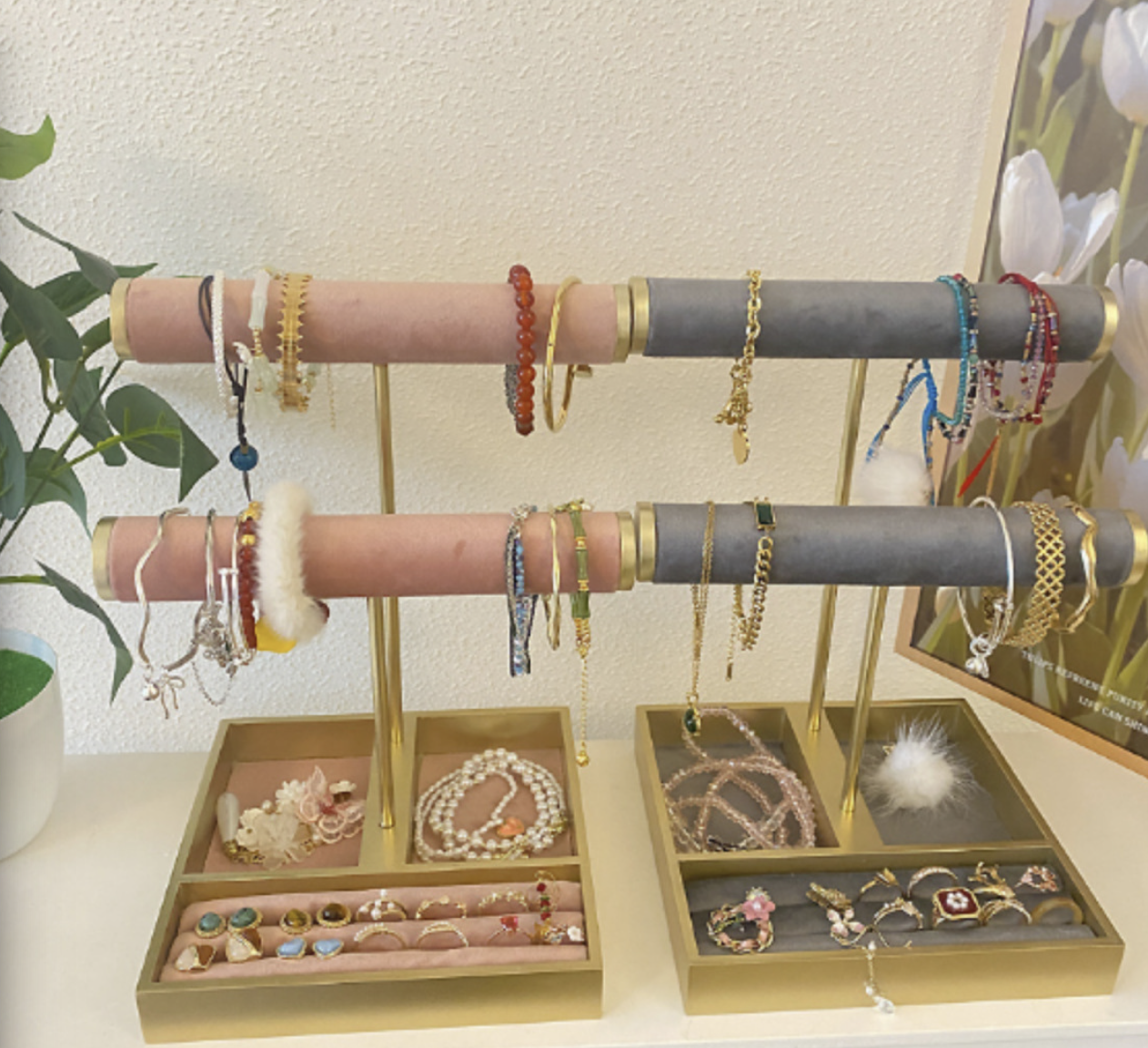 Pink Velvet Jewelry Display Set – Necklace Bust, Bracelet Stand & Multi-Function Organizer