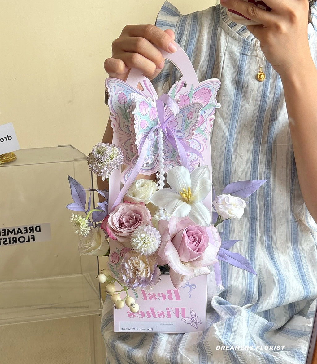 Butterfly Flower Gift Basket Box with Handle | Creative Floral Packaging Box for Bouquet & Gifts