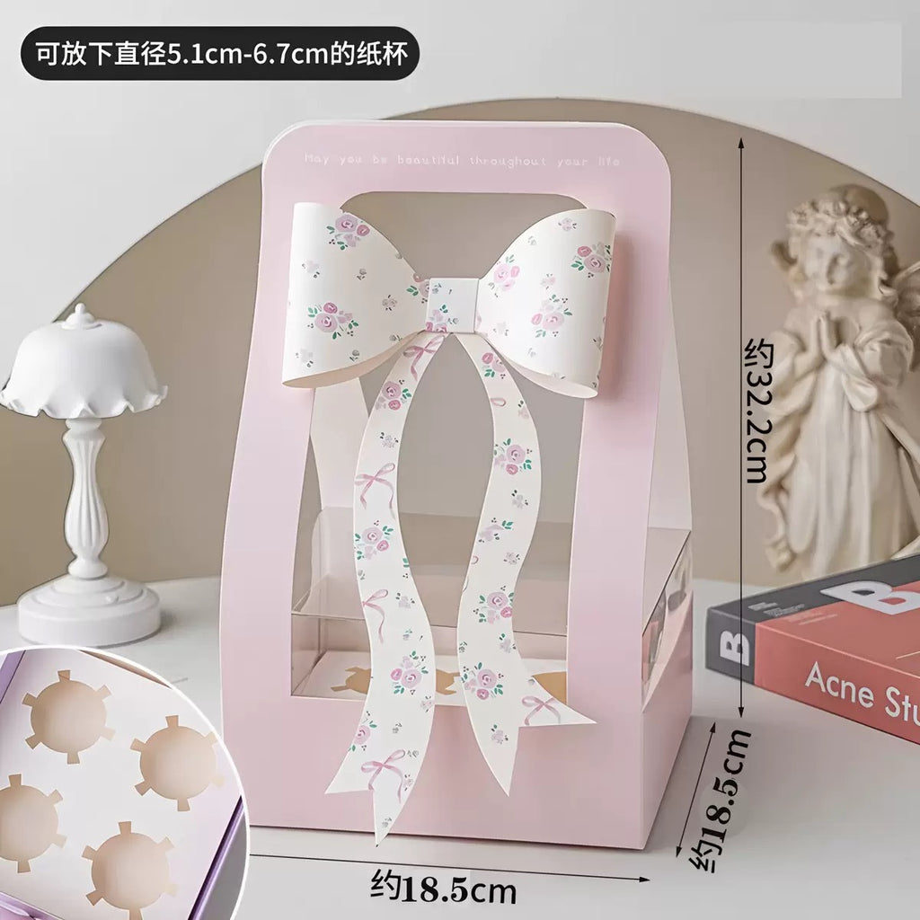 Cupcake Gift Box with Window & Bow | Flower & Dessert Packaging Box with Handle