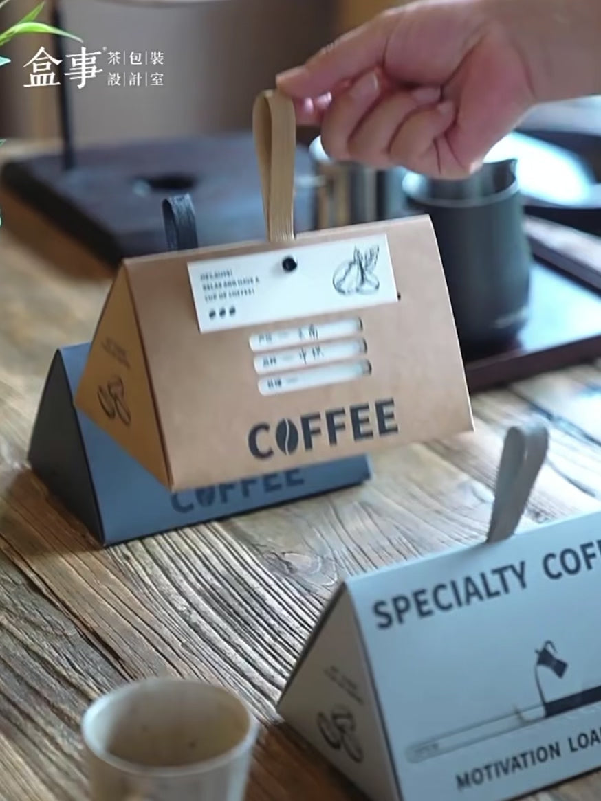 Custom Coffee Packaging Box with Insert Card | Kraft Paper Triangle Display Box for Branding