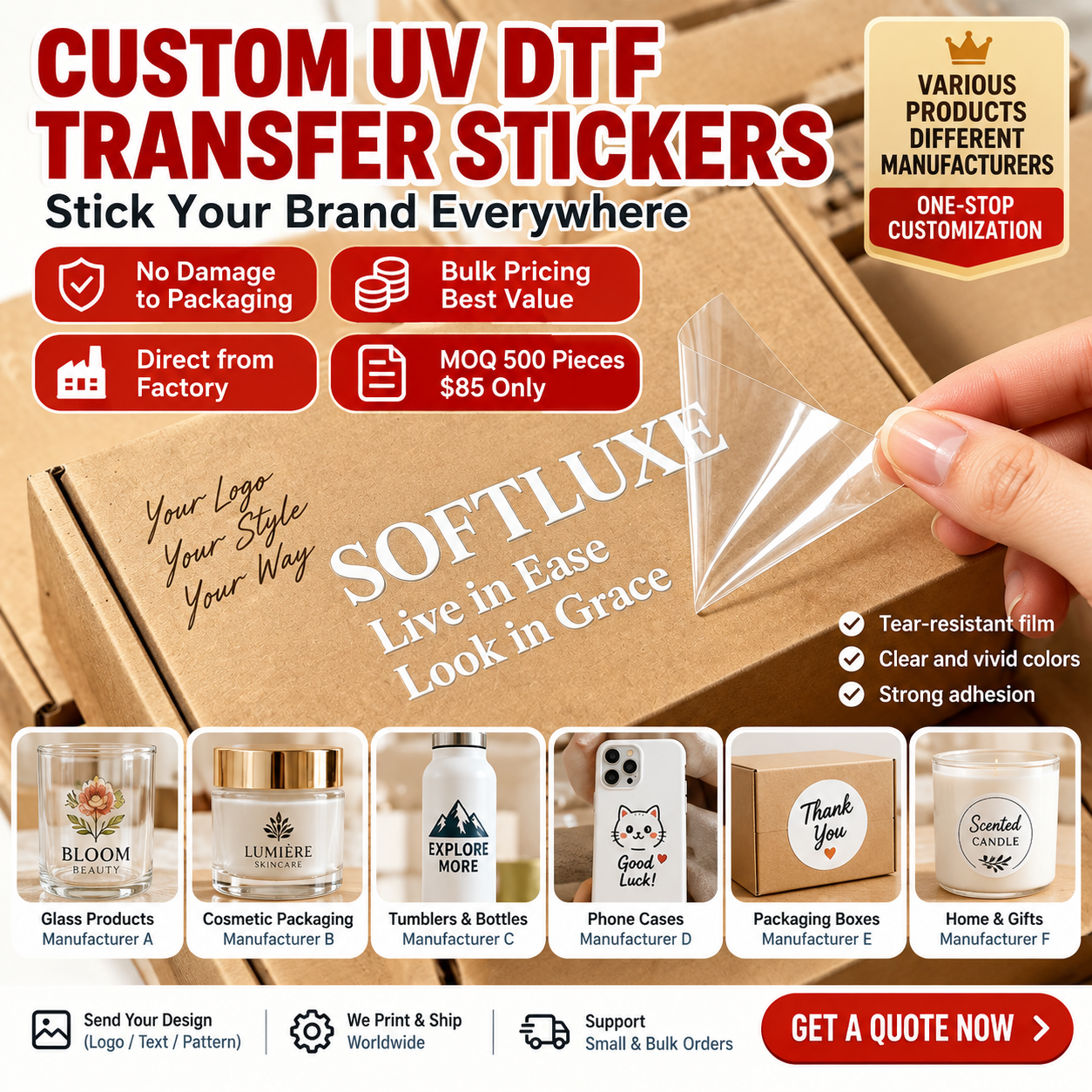 Custom UV DTF Transfer Stickers – Waterproof Decals for Glass, Plastic & Packaging